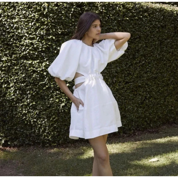 AJE Aje. Mimosa Bow Back Linen Silk Blend Mini Dress Puff Sleeves AU 14/US XL - Picture 1 of 12